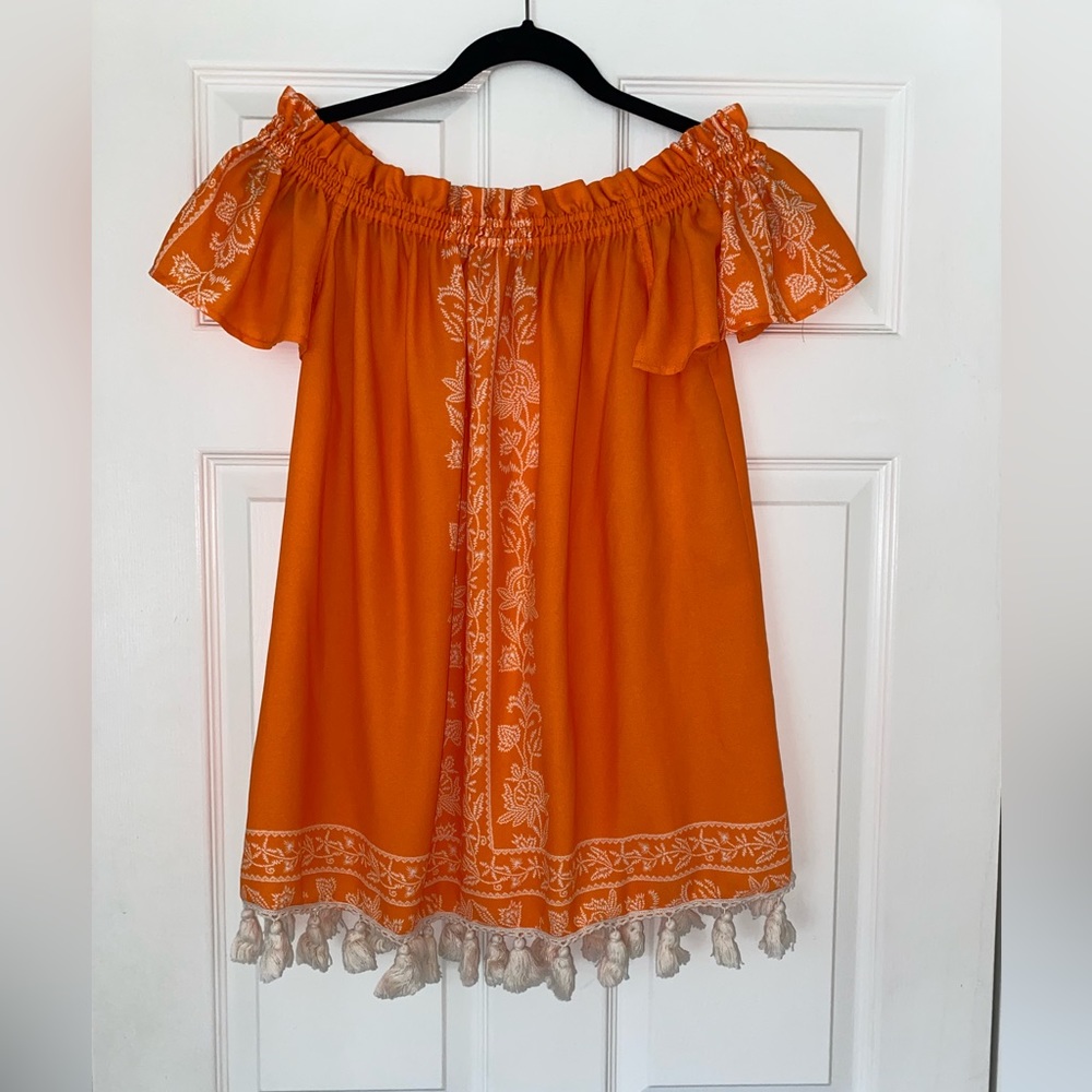Boho Show Me Your Mumu Woodstock Tassel Tunic in Orange and White, Size XL